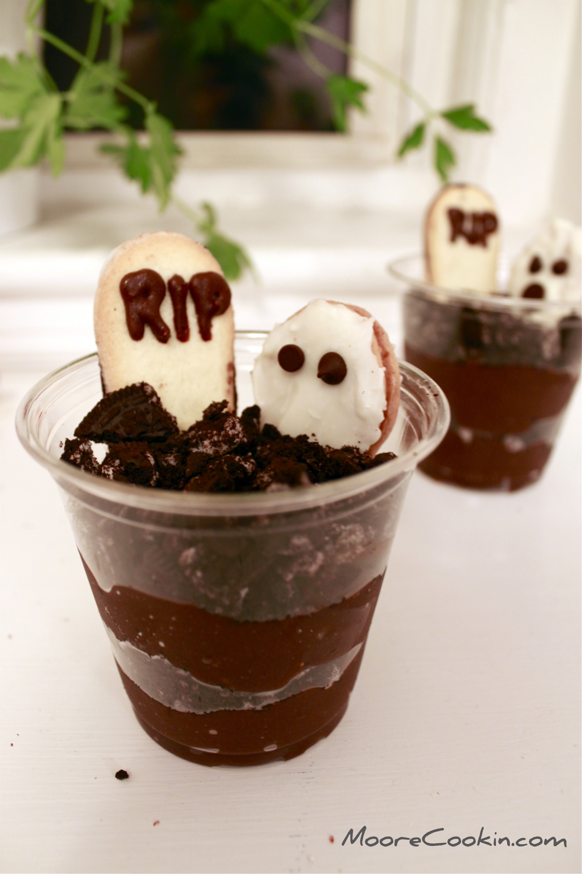 Graveyard Pudding with Milano Tombstones and Nutter Butter Ghosts